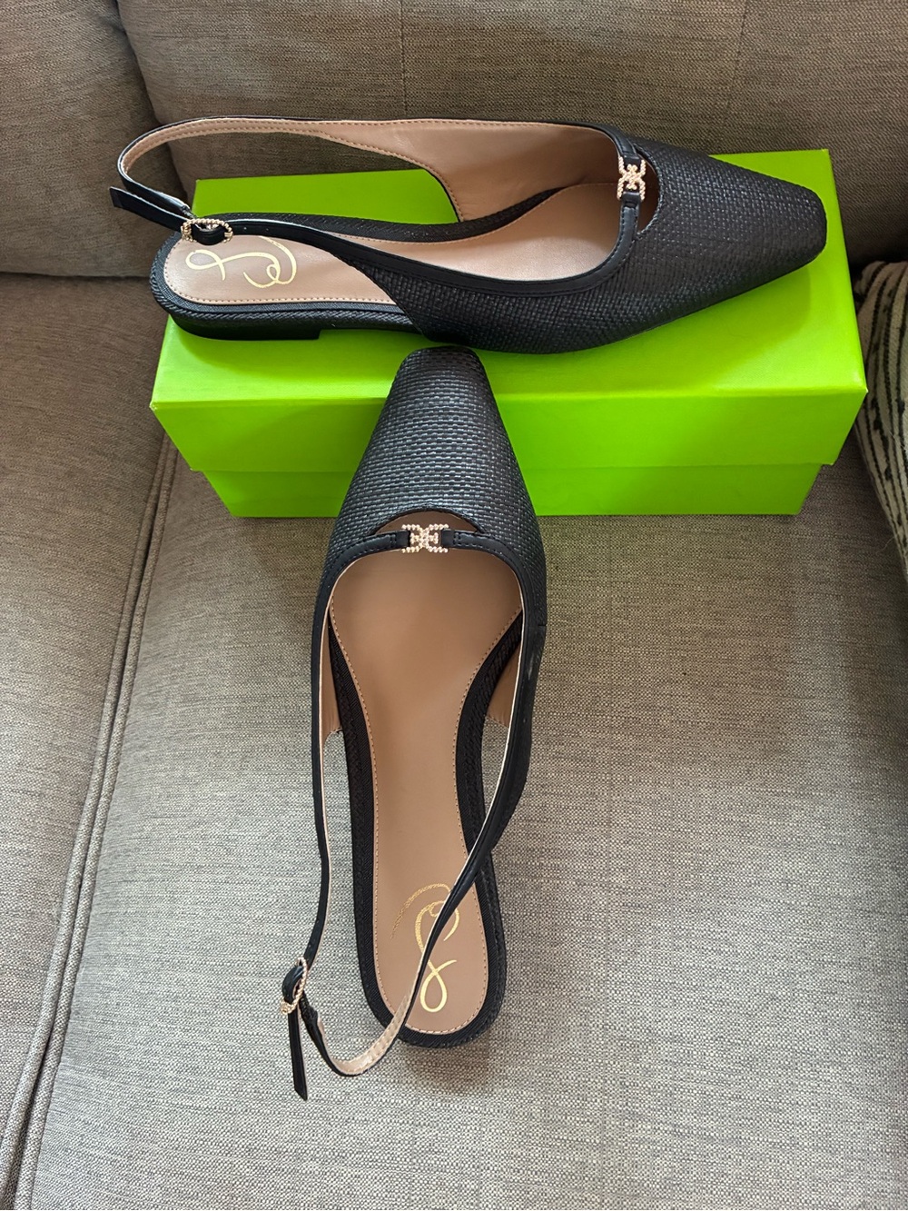 Sam Edelman Black Pointed Slingback Flats with Gold Accent - Picture 2 of 4